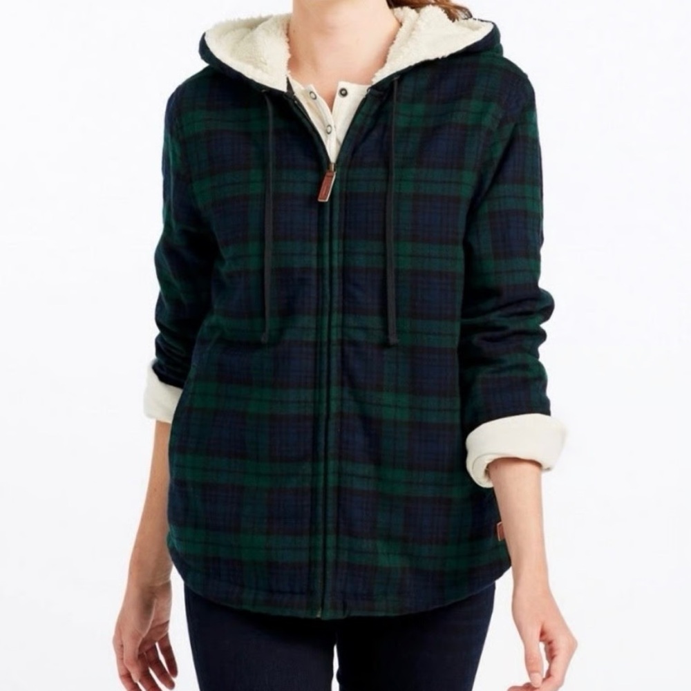 💚L.L. Bean Flannel Sherpa-Lined Green and Blue Plaid Zip Jacket
